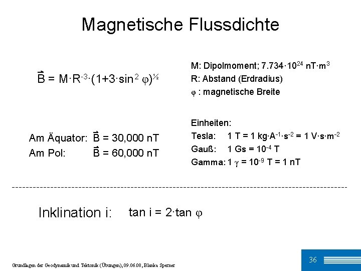 Magnetische Flussdichte ⇀ B = M·R-3·(1+3·sin 2 φ)½ ⇀ Am Äquator: B = 30,