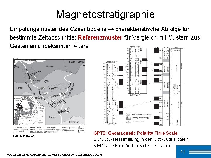 Magnetostratigraphie Umpolungsmuster des Ozeanbodens → charakteristische Abfolge für bestimmte Zeitabschnitte: Referenzmuster für Vergleich mit