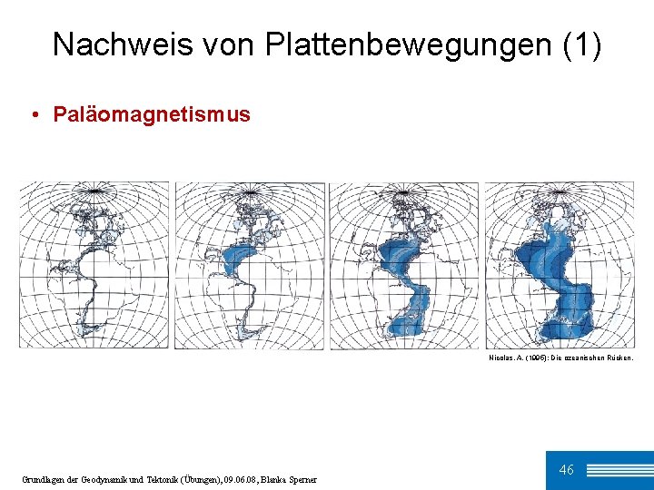 Nachweis von Plattenbewegungen (1) • Paläomagnetismus Nicolas, A. (1995): Die ozeanischen Rücken. Grundlagen der