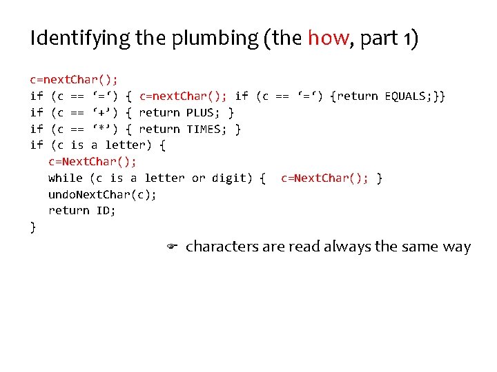 Identifying the plumbing (the how, part 1) c=next. Char(); if (c == ‘=‘) {return