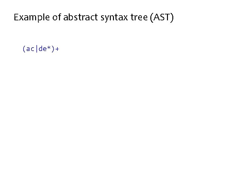 Example of abstract syntax tree (AST) (ac|de*)+ 