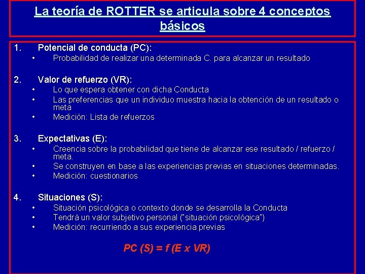 La teoría de ROTTER se articula sobre 4 conceptos básicos 1. Potencial de conducta