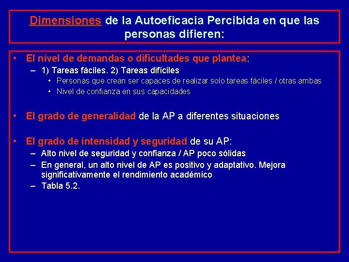 Dimensiones de la Autoeficacia Percibida en que las personas difieren: • El nivel de