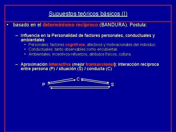 Supuestos teóricos básicos (I) • basado en el determinismo recíproco (BANDURA). Postula: – Influencia