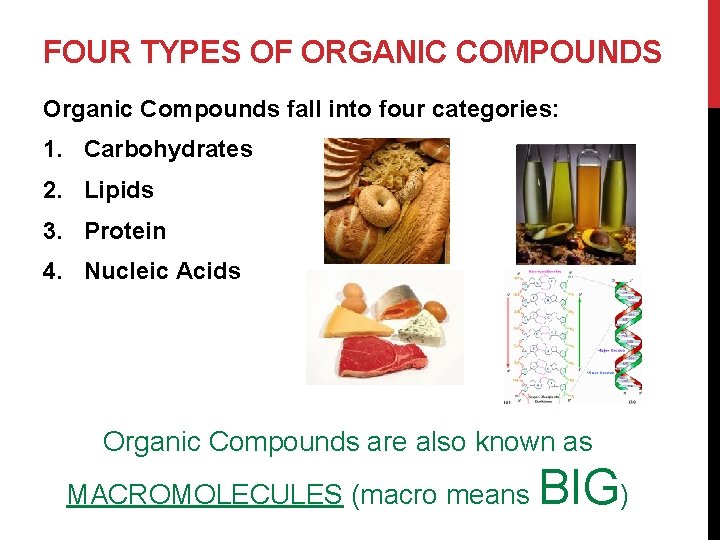 Vanessa Jason Biology Roots FOUR TYPES OF ORGANIC COMPOUNDS Organic Compounds fall into four
