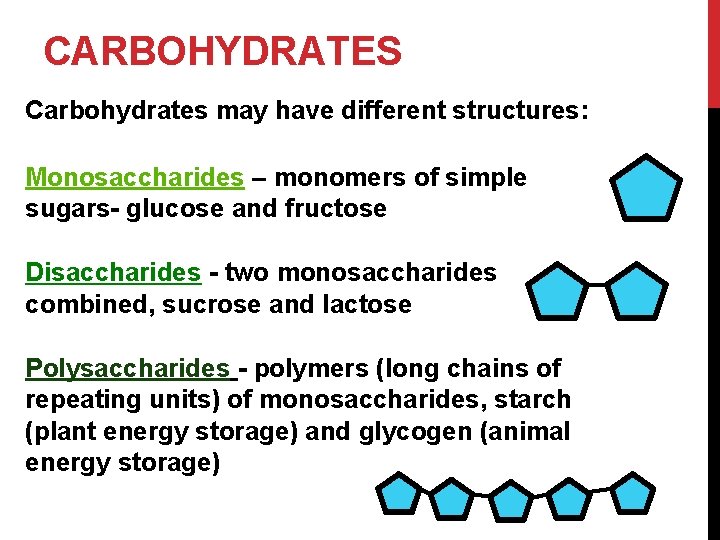 CARBOHYDRATES Carbohydrates may have different structures: Monosaccharides – monomers of simple sugars- glucose and