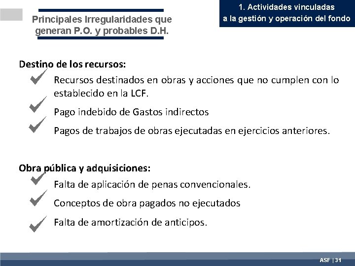 Principales Irregularidades que generan P. O. y probables D. H. 1. Actividades vinculadas a