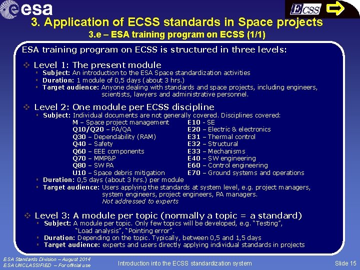 3. Application of ECSS standards in Space projects 3. e – ESA training program