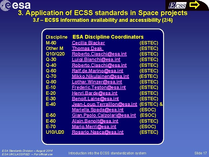 3. Application of ECSS standards in Space projects 3. f – ECSS information availability