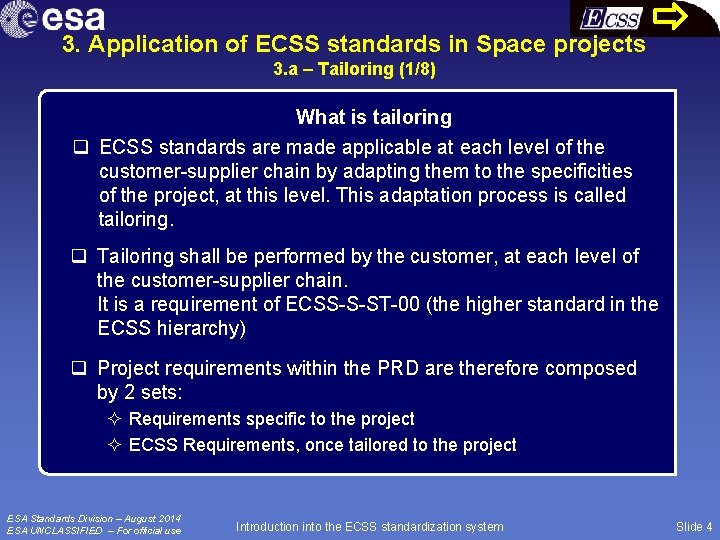 3. Application of ECSS standards in Space projects 3. a – Tailoring (1/8) What