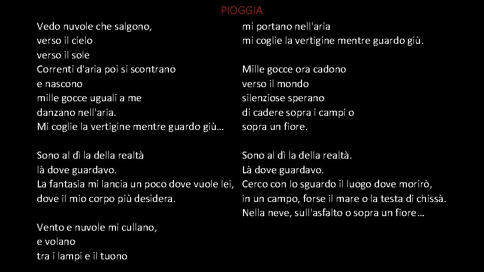 PIOGGIA Vedo nuvole che salgono, verso il cielo verso il sole Correnti d'aria poi