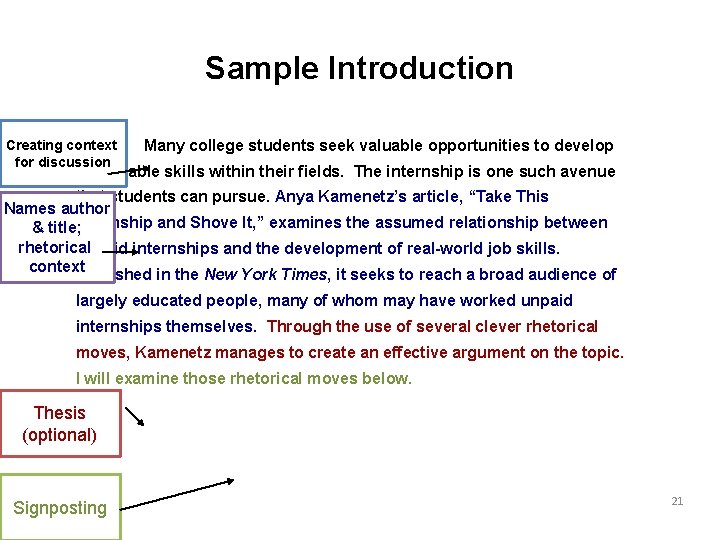 Sample Introduction Creating context for discussion Many college students seek valuable opportunities to develop