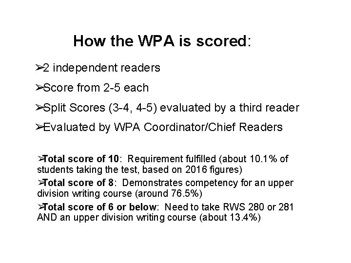 How the WPA is scored: ➢ 2 independent readers ➢ Score from 2 -5