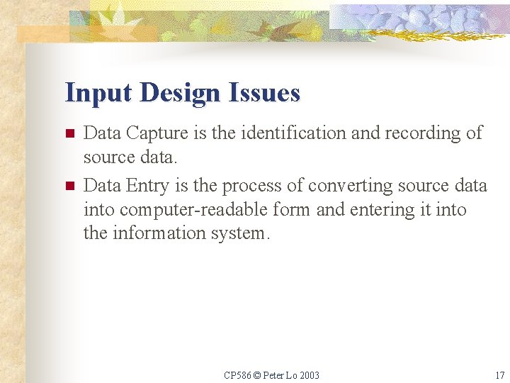 Input Design Issues n n Data Capture is the identification and recording of source