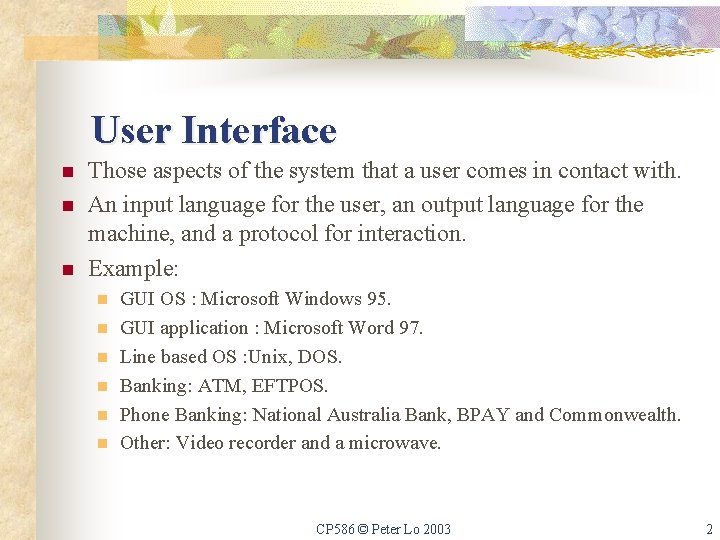 User Interface n n n Those aspects of the system that a user comes