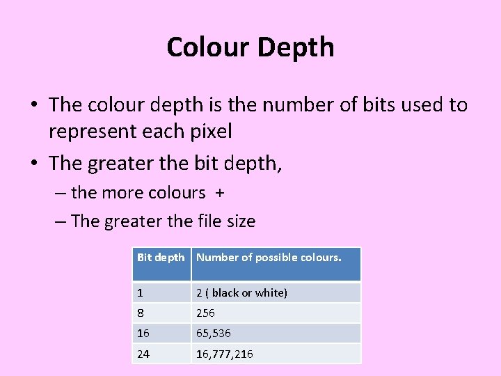 Colour Depth • The colour depth is the number of bits used to represent Colour Depth • The colour depth is the number of bits used to represent