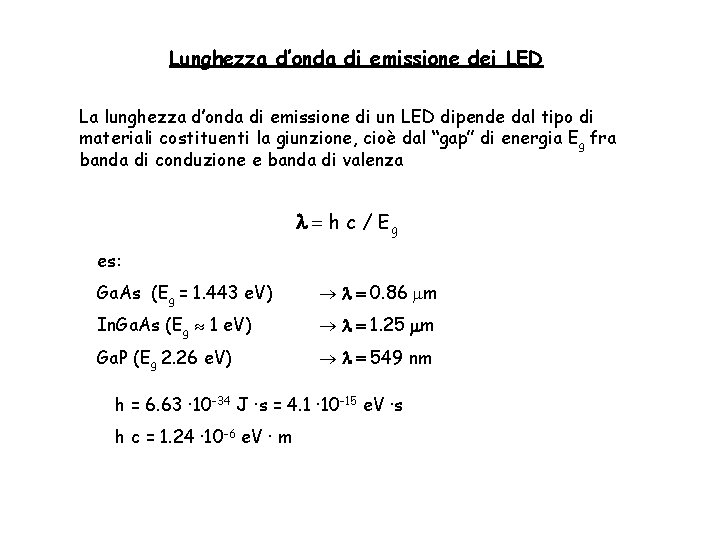 Lunghezza d’onda di emissione dei LED La lunghezza d’onda di emissione di un LED