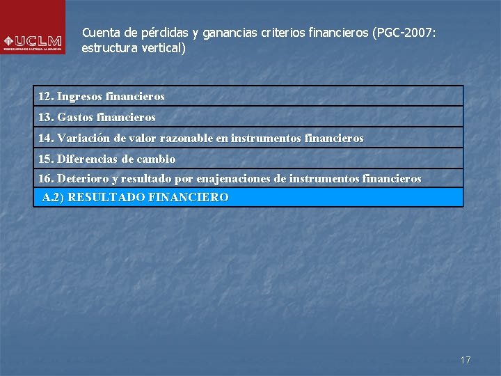 Cuenta de pérdidas y ganancias criterios financieros (PGC-2007: estructura vertical) 12. Ingresos financieros 13.
