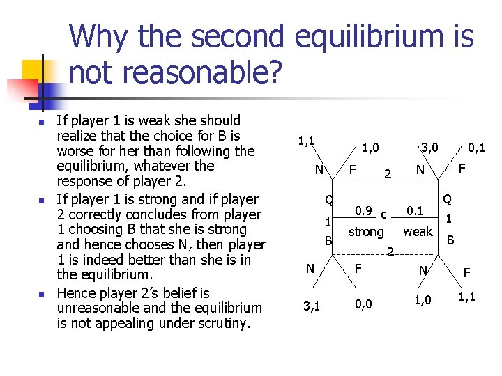 Why the second equilibrium is not reasonable? n n n If player 1 is