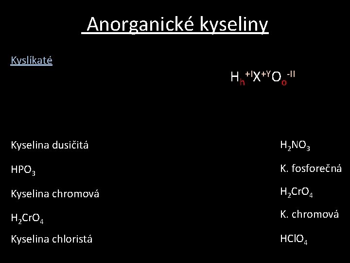 Anorganické kyseliny Kyslíkaté Hh+IX+YOo-II Kyselina dusičitá H 2 NO 3 HPO 3 K. fosforečná Anorganické kyseliny Kyslíkaté Hh+IX+YOo-II Kyselina dusičitá H 2 NO 3 HPO 3 K. fosforečná