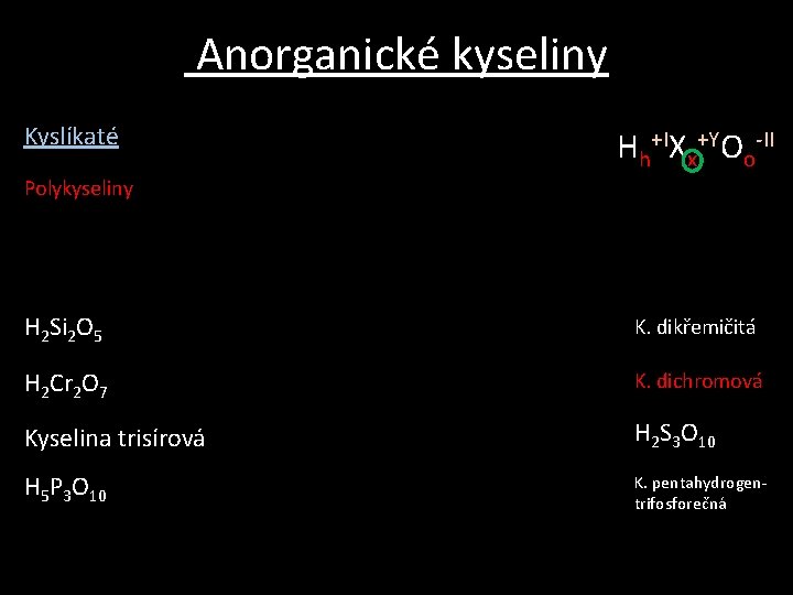 Anorganické kyseliny Kyslíkaté Hh+IXx+YOo-II Polykyseliny H 2 Si 2 O 5 K. dikřemičitá H Anorganické kyseliny Kyslíkaté Hh+IXx+YOo-II Polykyseliny H 2 Si 2 O 5 K. dikřemičitá H