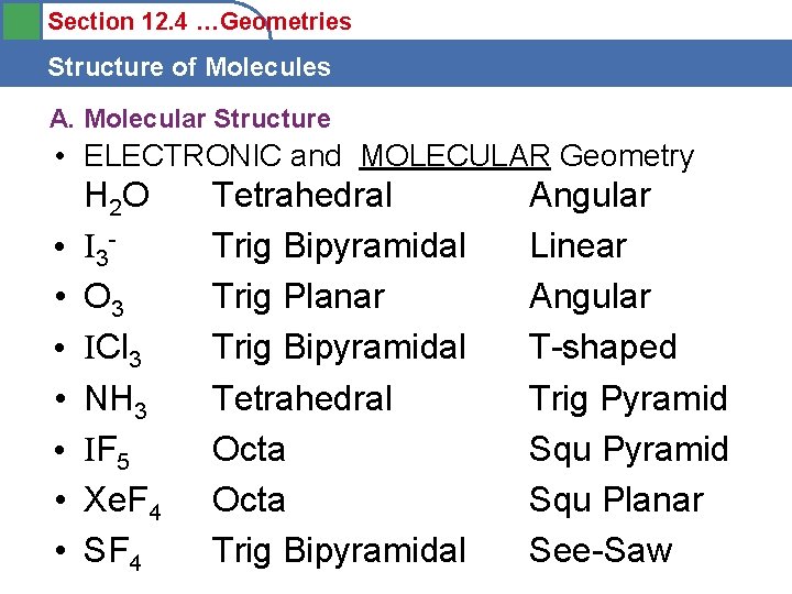 Section 12. 4 …Geometries Structure of Molecules A. Molecular Structure • ELECTRONIC and MOLECULAR