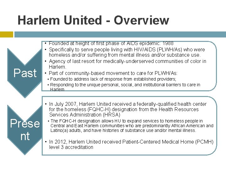 Harlem United - Overview Past Prese nt • Founded at height of first phase