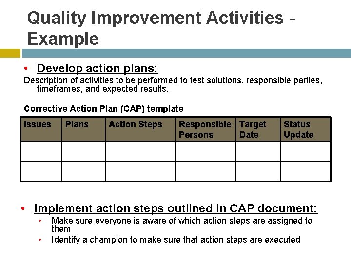 Quality Improvement Activities Example • Develop action plans: Description of activities to be performed