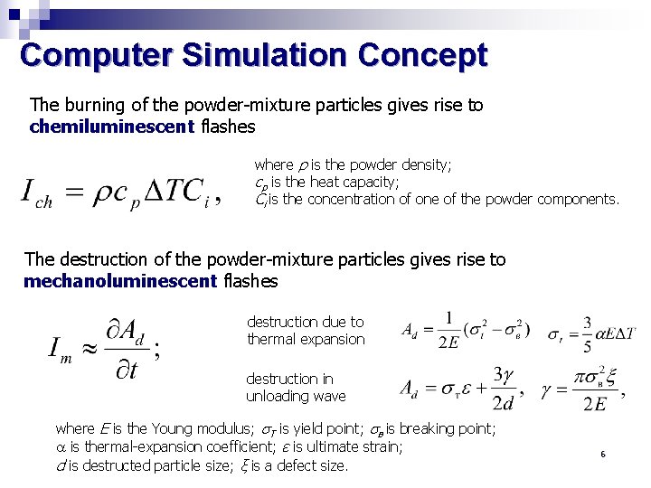 Computer Simulation Concept The burning of the powder-mixture particles gives rise to chemiluminescent flashes