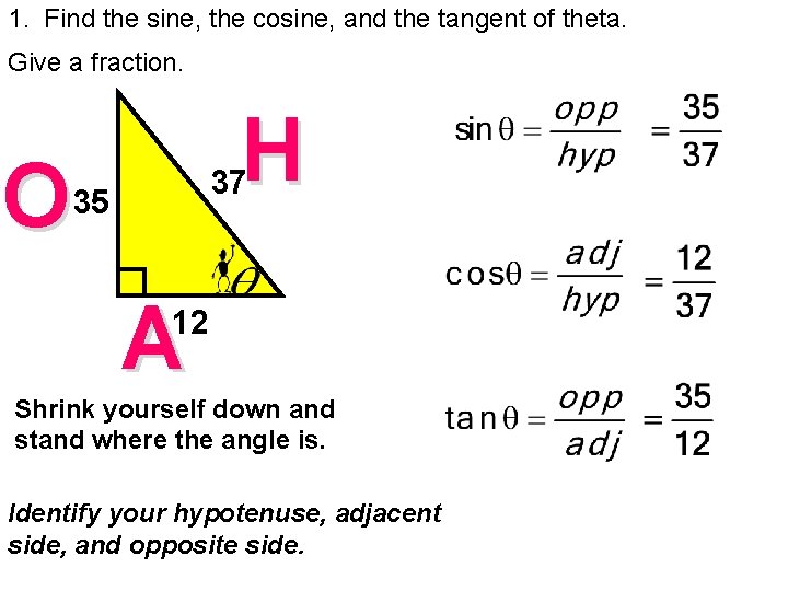 1. Find the sine, the cosine, and the tangent of theta. Give a fraction.