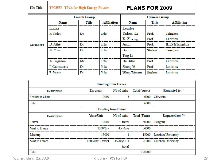 PLANS FOR 2009 Wuhan, March 23, 2009 P. Colas - TPCs for HEP 28