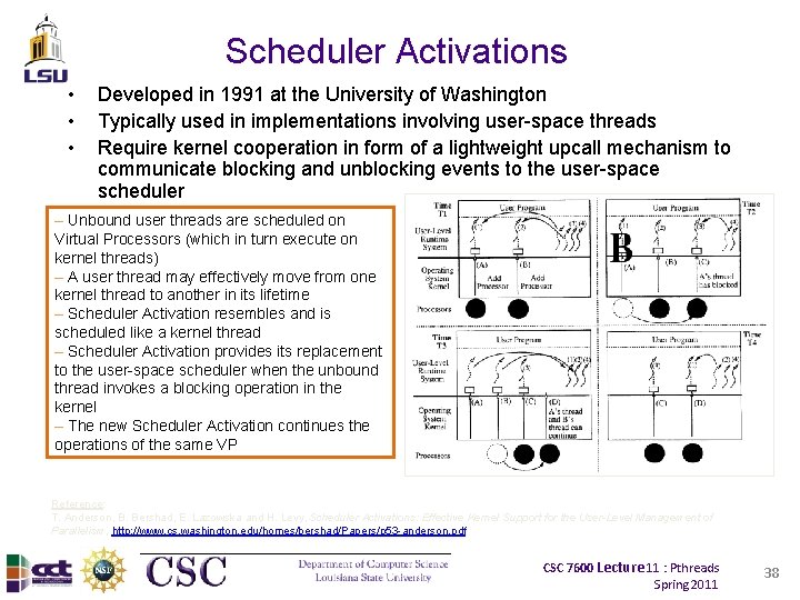 Scheduler Activations • • • Developed in 1991 at the University of Washington Typically