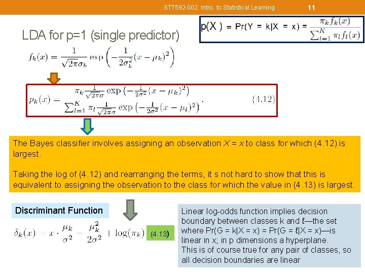 STT 592 -002: Intro. to Statistical Learning 11 LDA for p=1 (single predictor) The