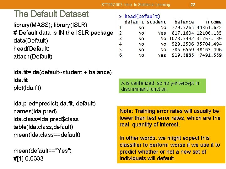 STT 592 -002: Intro. to Statistical Learning 22 The Default Dataset library(MASS); library(ISLR) #