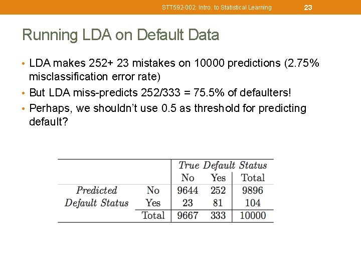 STT 592 -002: Intro. to Statistical Learning 23 Running LDA on Default Data •