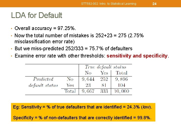 STT 592 -002: Intro. to Statistical Learning 24 LDA for Default • Overall accuracy