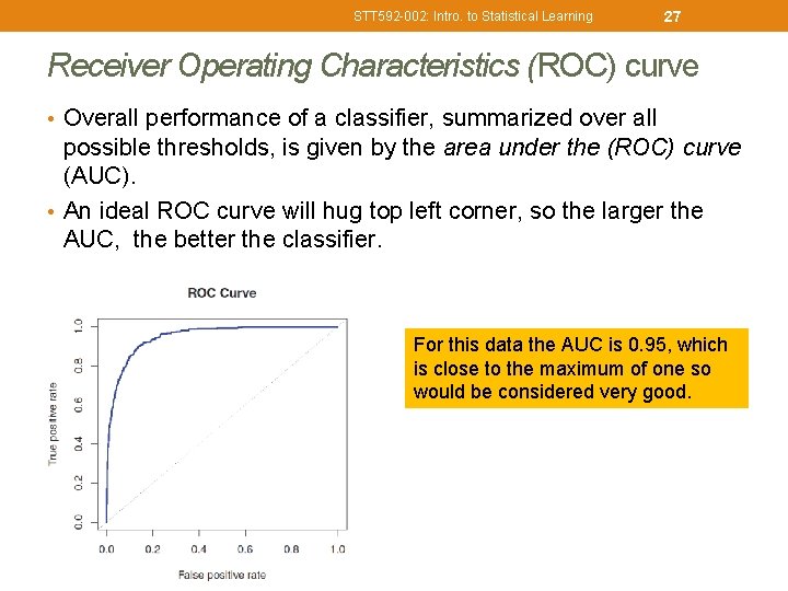 STT 592 -002: Intro. to Statistical Learning 27 Receiver Operating Characteristics (ROC) curve •