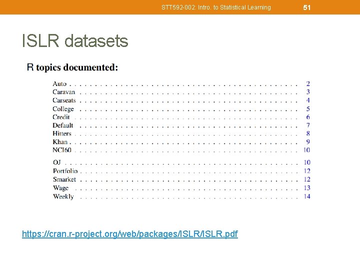 STT 592 -002: Intro. to Statistical Learning ISLR datasets https: //cran. r-project. org/web/packages/ISLR. pdf