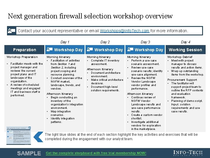 Next generation firewall selection workshop overview Contact your account representative or email Workshops@Info. Tech.