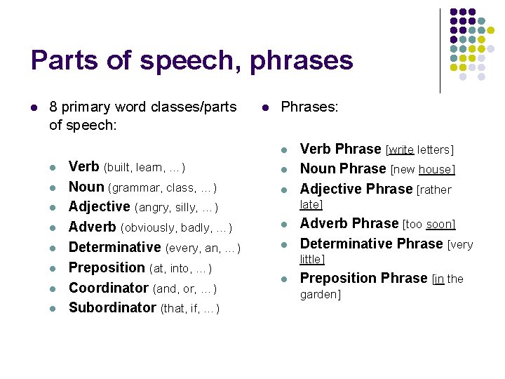 Parts of speech, phrases l 8 primary word classes/parts of speech: l Phrases: l