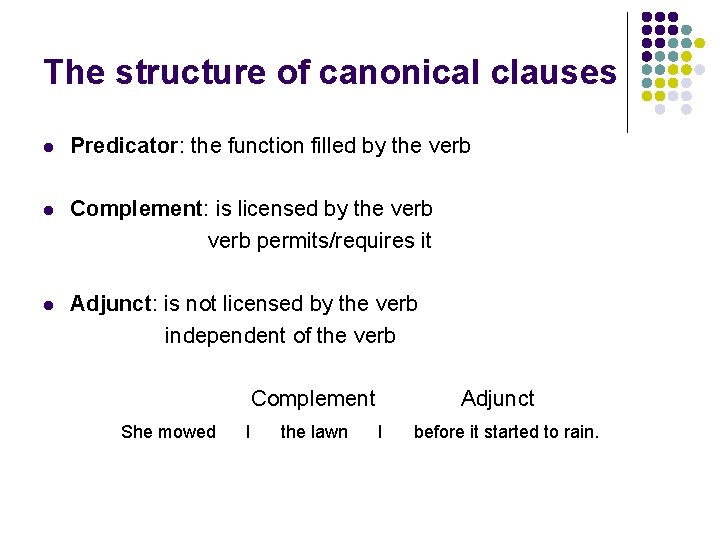 The structure of canonical clauses l Predicator: the function filled by the verb l