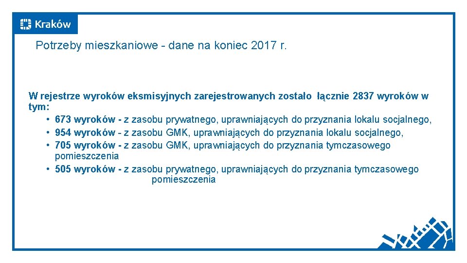Potrzeby mieszkaniowe - dane na koniec 2017 r. W rejestrze wyroków eksmisyjnych zarejestrowanych zostało