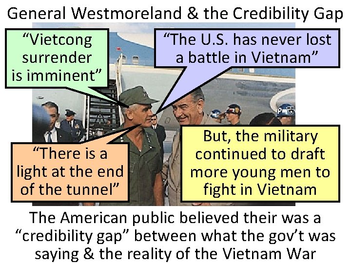General Westmoreland & the Credibility Gap “Vietcong surrender is imminent” “There is a light General Westmoreland & the Credibility Gap “Vietcong surrender is imminent” “There is a light