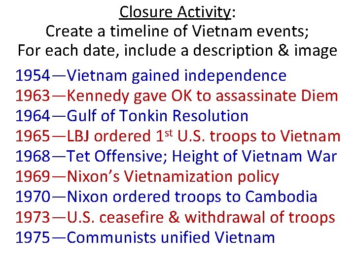 Closure Activity: Create a timeline of Vietnam events; For each date, include a description Closure Activity: Create a timeline of Vietnam events; For each date, include a description