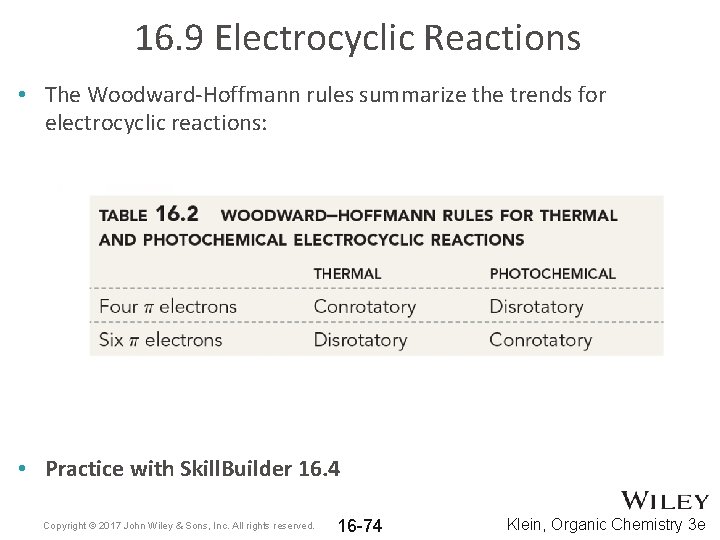 16. 9 Electrocyclic Reactions • The Woodward-Hoffmann rules summarize the trends for electrocyclic reactions: