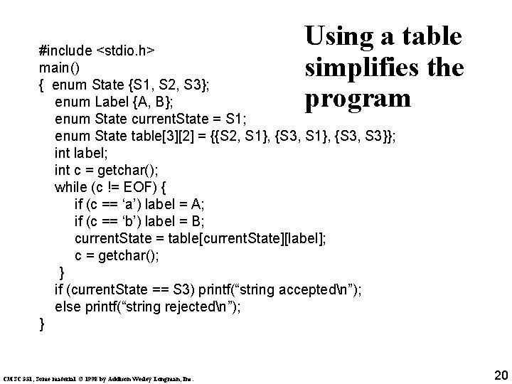 Using a table simplifies the program #include <stdio. h> main() { enum State {S