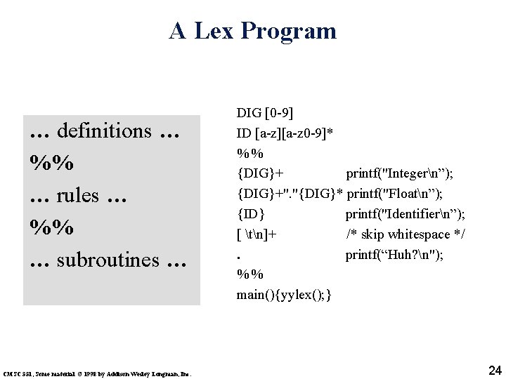 A Lex Program … definitions … %% … rules … %% … subroutines …