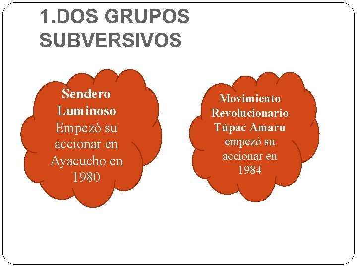 1. DOS GRUPOS SUBVERSIVOS Sendero Luminoso Empezó su accionar en Ayacucho en 1980 Movimiento