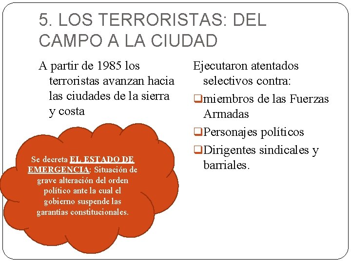 5. LOS TERRORISTAS: DEL CAMPO A LA CIUDAD A partir de 1985 los terroristas