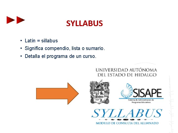 SYLLABUS • Latín = sillabus • Significa compendio, lista o sumario. • Detalla el
